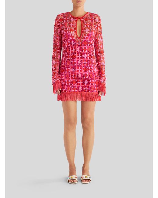 Etro Mini Knit Dress With Fringes in Red | Lyst