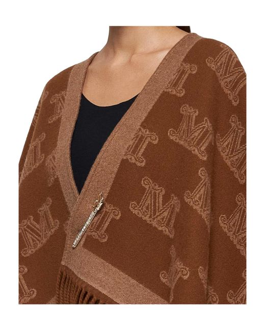 Max Mara Brown Studio All-Over Logo Patterned Fringed Edge Cape