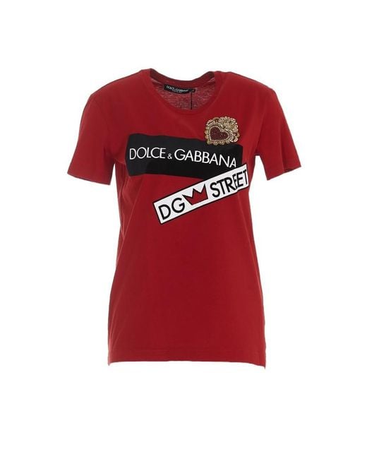 Dolce & Gabbana Red Bead-Embellished Logo-Print T-Shirt
