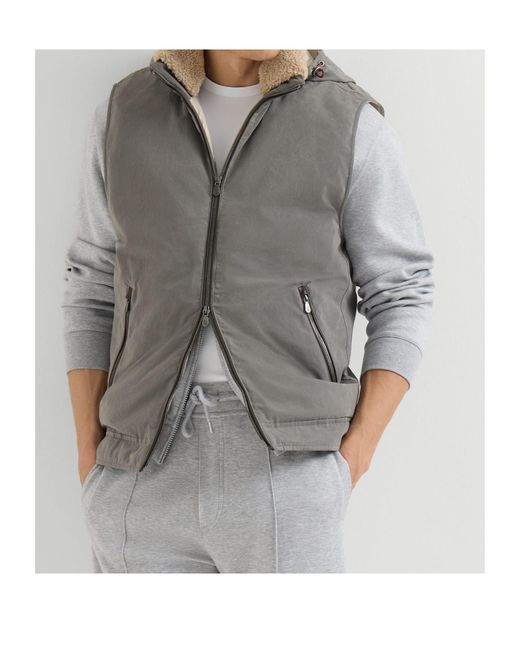 Brunello Cucinelli Gray Waxed Techno-Cotton Down Vest With Detachable Hood for men