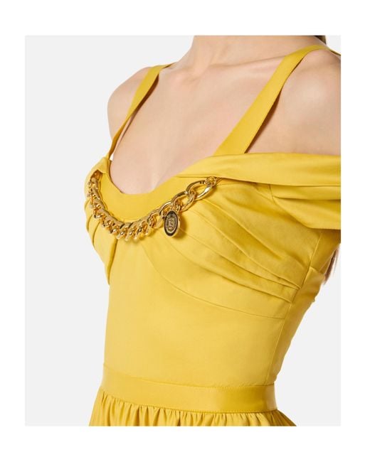 Elisabetta Franchi Yellow Jewel-Chain Off-Shoulder Midi Dress