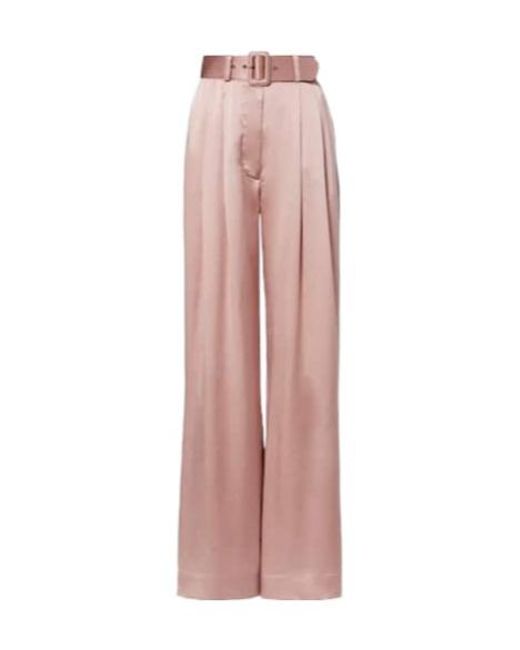 Zimmermann Pink Belted Pleated Silk Satin Wide-Leg Pants