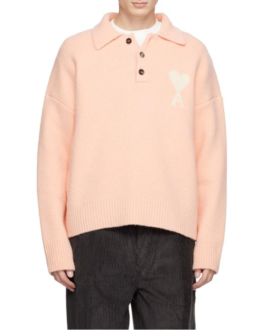 AMI Pink Ami De Coeur Logo Intarsia Knitted Jumper for men