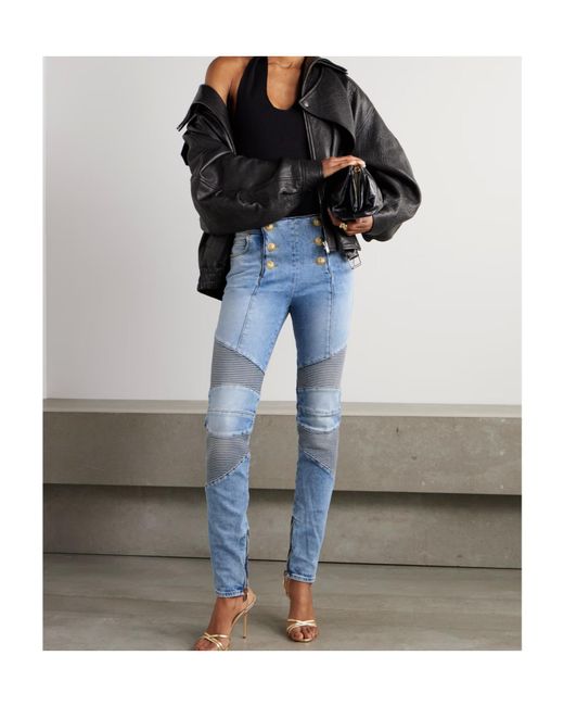 Balmain Blue High Waist Panelled Jeans