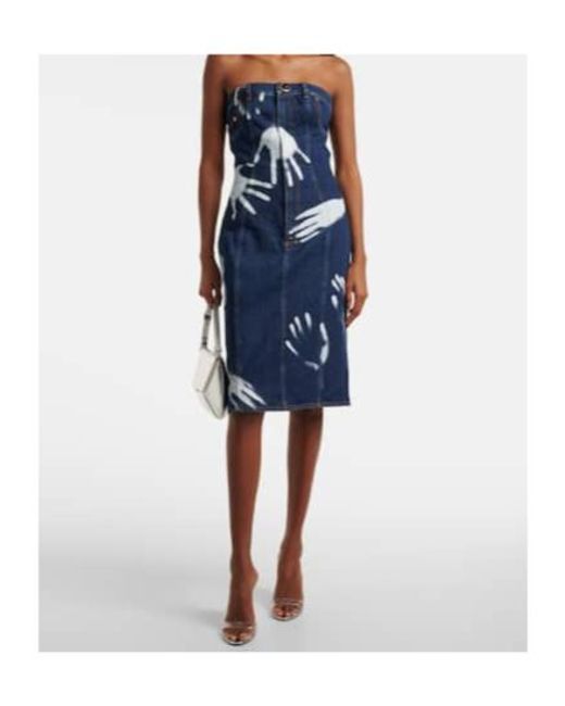 Area Blue Printed Strapless Denim Midi Dress
