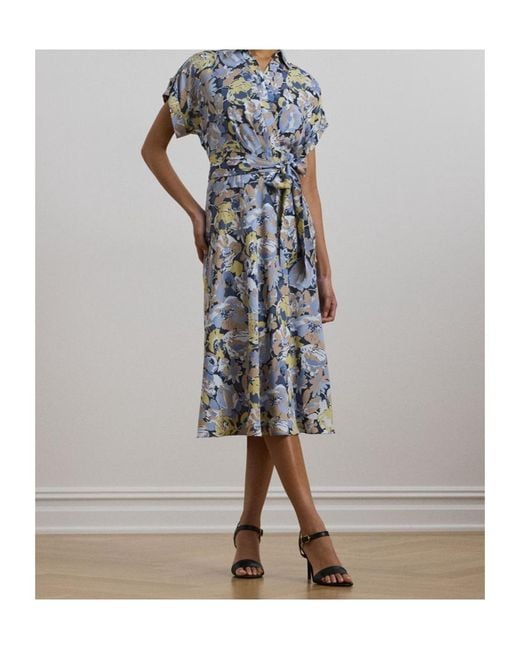 Ralph Lauren Blue Floral Pattern Crepe Dress