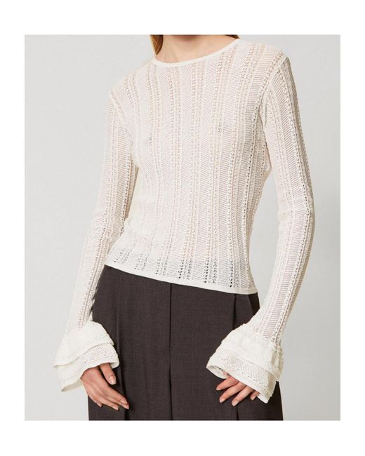 Twinset White Ruffled Open-Knit Top
