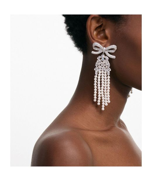 Self-Portrait White Bow Embellished Droplet Earrings