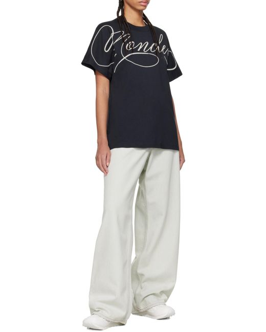 Moncler Black Embroidered Cursive Logo Cotton T-Shirt