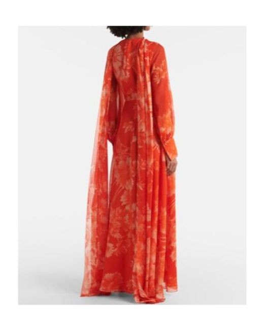 Erdem Red Caped Floral Silk Gown