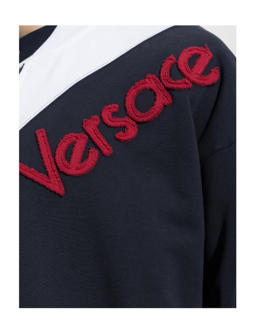 Versace Blue Logo-Embroidered Panelled Sweater for men