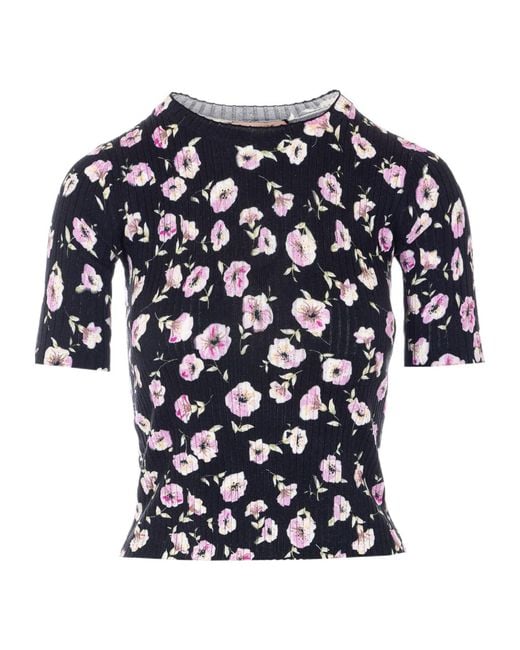 Twinset Blue Crewneck Floral-Print Ribbed T-Shirt