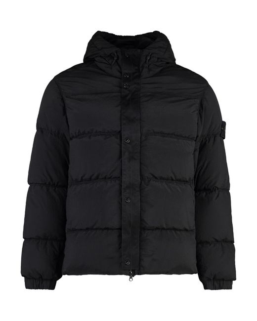 Stone Island Black Logo Patch Hooded Puffer Jacket for men