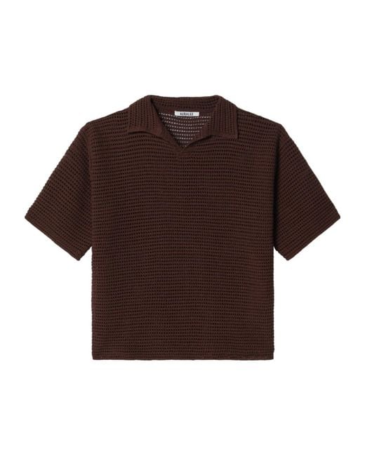 Auralee Brown Open-Knit Polo Shirt for men