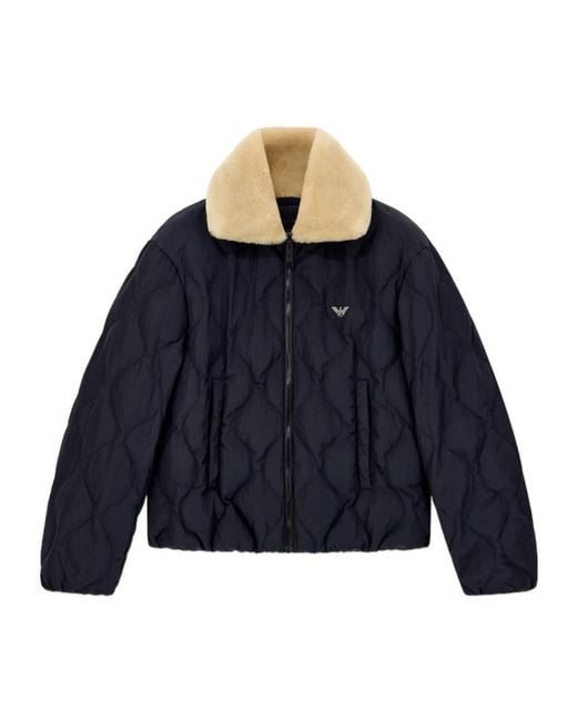 Emporio Armani Blue Cropped, Collared, Color-Block Padded Jacket With A Double-Layer Zipper for men