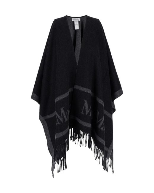 Max Mara Black Logo Detailed Fringed Cape