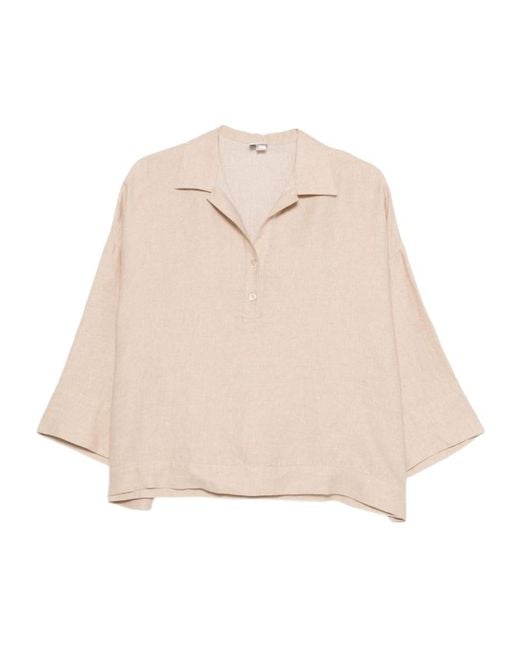 Eleventy Natural Spread-Collar Short-Sleeve Blouse