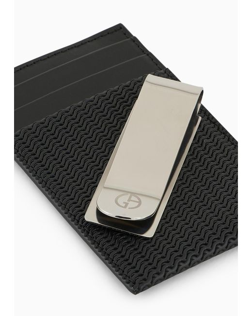 Giorgio Armani Black Logo-Plaque Woven Leather Cardholder for men