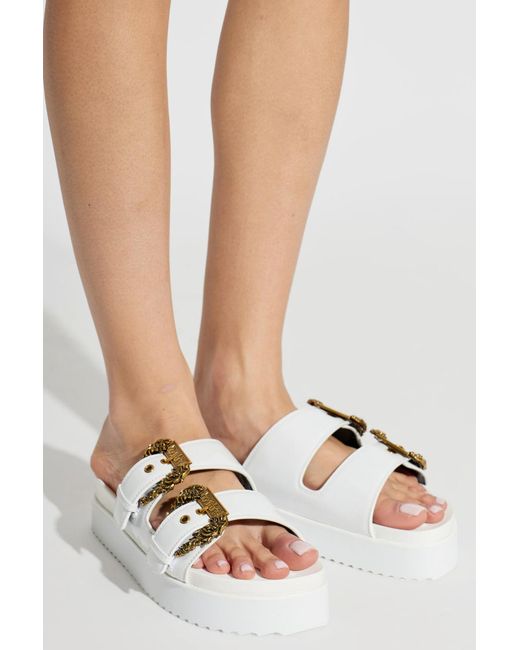 Versace Jeans White Couture Double Baroque-Buckle Platform Slides