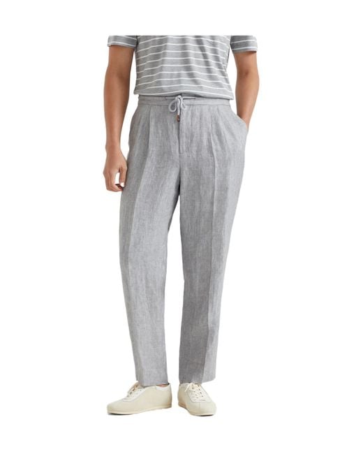 Brunello Cucinelli Gray Chevron Leisure Fit Trousers for men