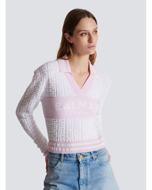 Balmain White Pb Monogram Jacquard Knit Polo Shirt