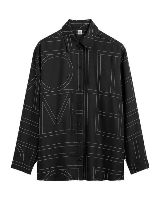 Totême Black Monogram-Embroidered Silk Shirt