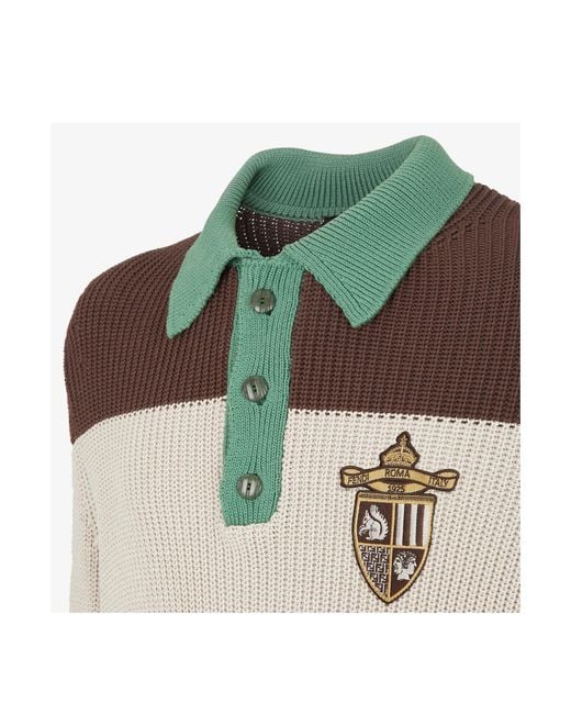 Fendi Brown Crest Embroidered Striped Knitted Polo Shirt for men