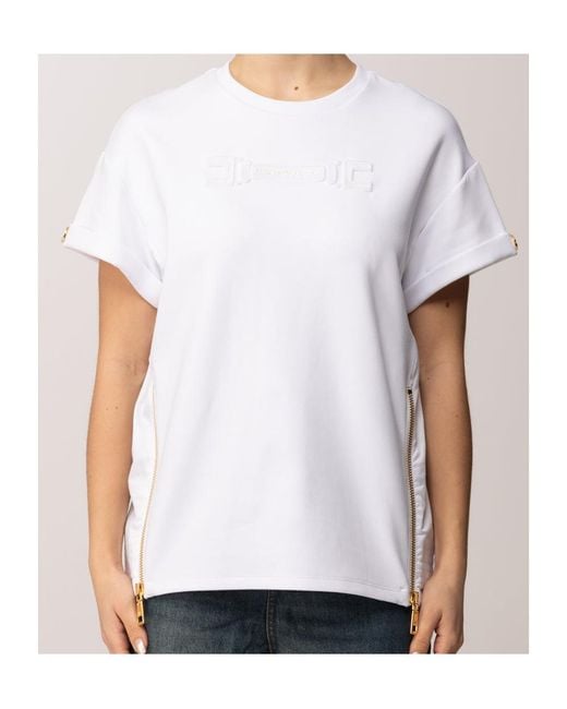 Elisabetta Franchi White Zip Detailed Logo Crewneck T-Shirt
