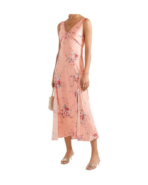 LoveShackFancy Pink Kendall Ruffled Floral-Print Silk-Satin Maxi Dress