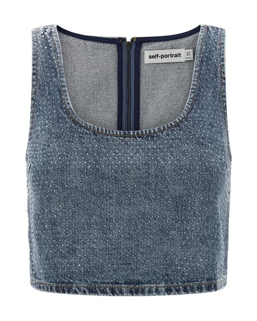 Self-Portrait Blue Embellished Denim Cropped Top