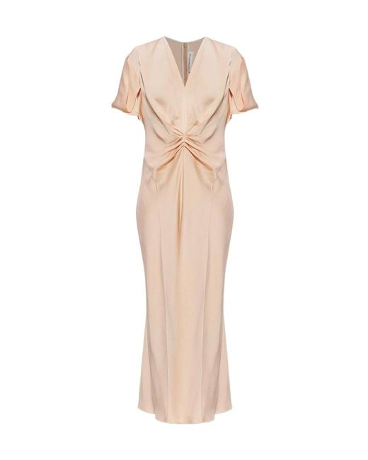 Victoria Beckham Natural Gathered V-Neck Long Dress