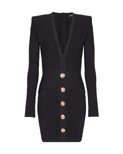 Balmain Black V-Neck Ribbed Long-Sleeved Dress