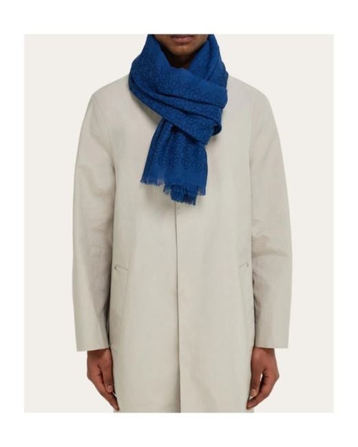 Ferragamo Blue Ferragamo Allover Monogram Fringed Scarf for men