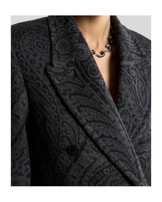 Etro Black Double-Breasted Wool Jacquard Coat With Paisley Motif