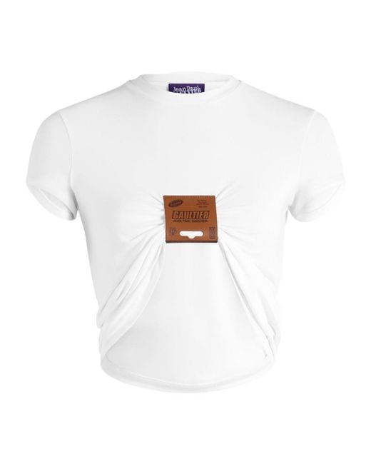 Jean Paul Gaultier White Leather-Tag Ruched T-Shirt