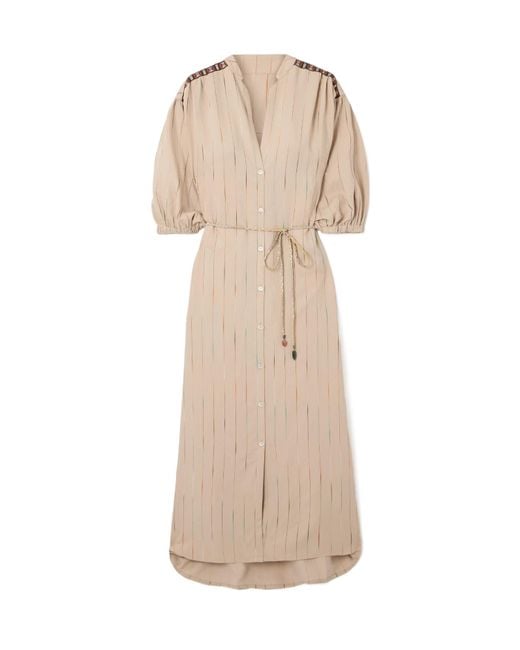 Fortela Natural Belted Appliquéd Embroidered Woven Midi Dress