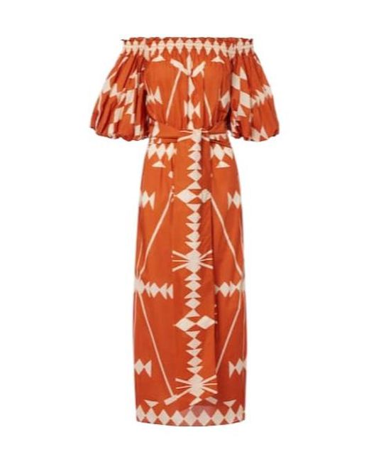 Johanna Ortiz Orange Printed Cotton Poplin Midi Dress