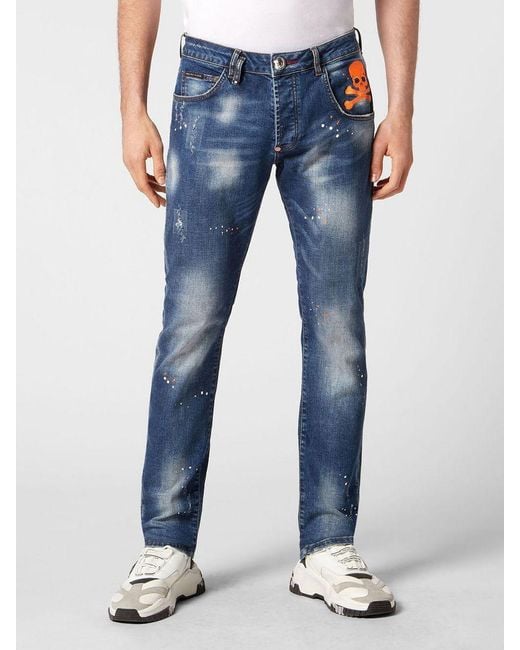 Philipp Plein Blue Paint Effect Straight Denim Trousers for men