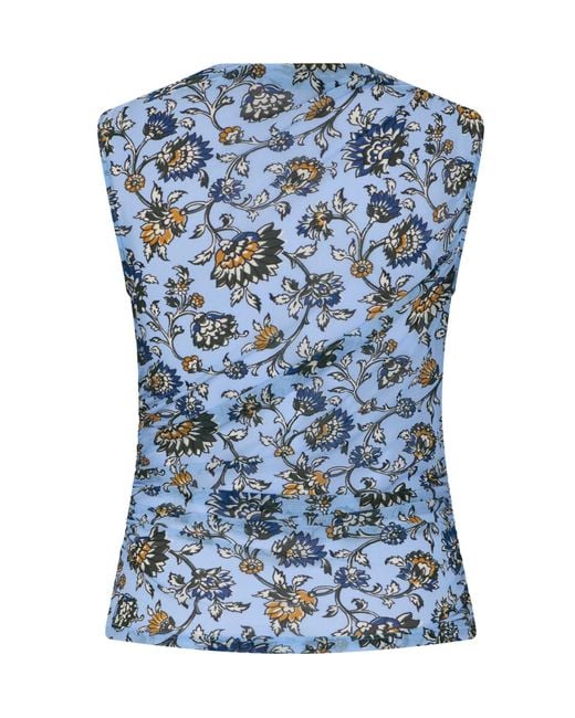 Veronica Beard Blue Ruched Sleeveless Floral Top
