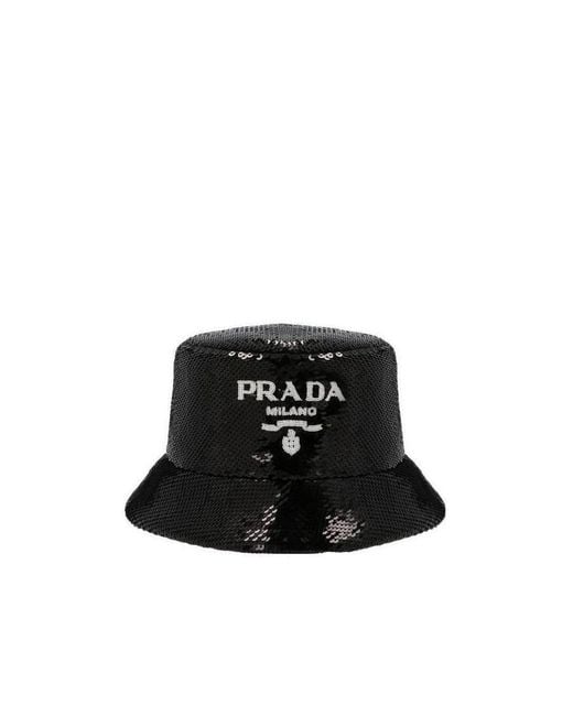 Prada Black Sequins Logo Bucket Hat