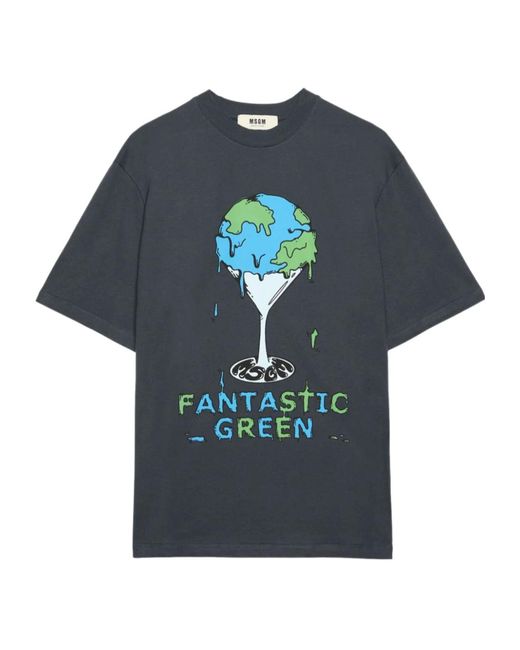 MSGM Blue Graphic-Print Cotton T-Shirt for men