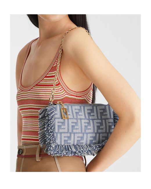 Fendi Gray Denim-Effect Ff Jacquard Charm Pouch With Chain