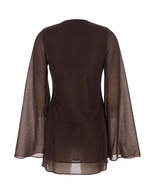 Oseree Brown Ring-Detail V-Neck Mini Dress