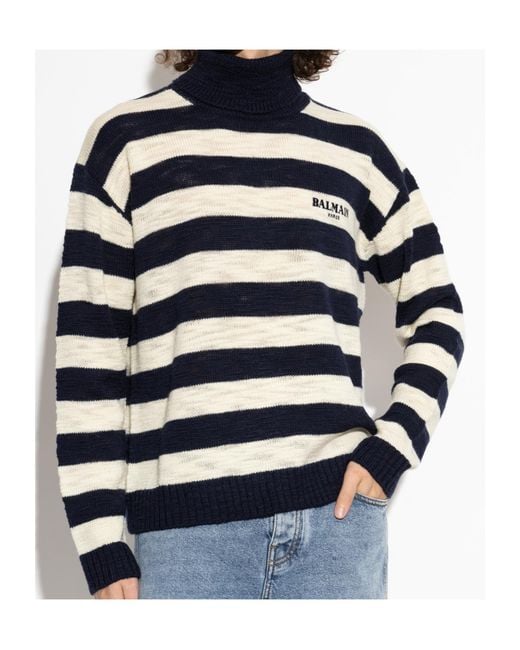Balmain Blue Striped Logo Turtleneck Knitted Sweater for men