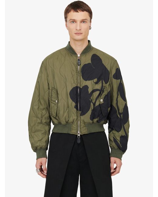 McQueen Green Orchid Quilted Bomber Jacket for men