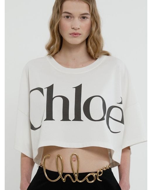Chloé White Chloé Logo Printed Crewneck Cropped T-Shirt