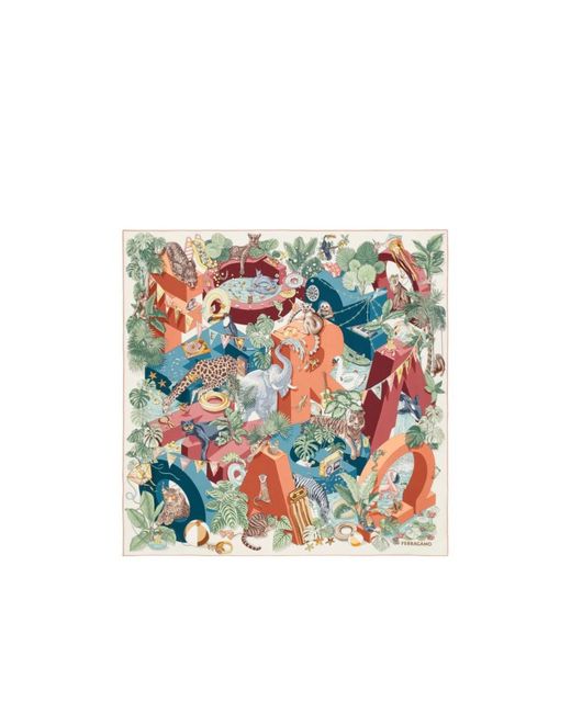 Ferragamo White Jungle Party Print Silk Scarf