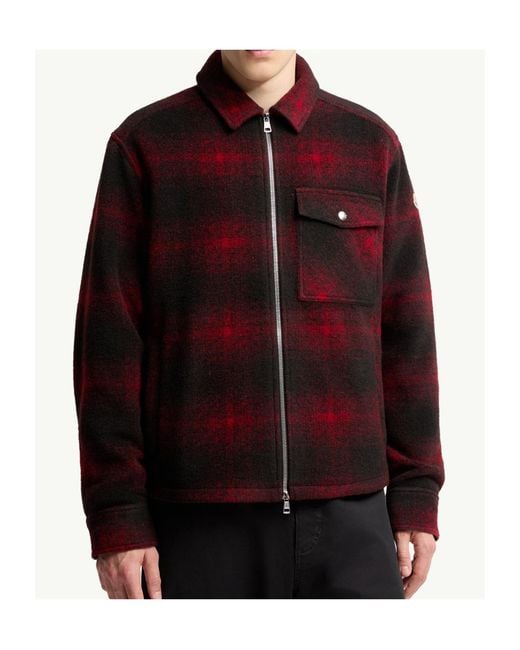 Moncler Red Check Jersey Zip-Up Shirt for men