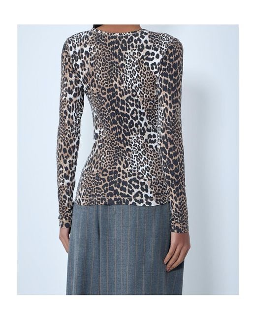 Ganni Blue Leopard Printed Long Sleeve Top