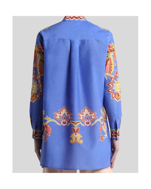 Etro Blue Cotton And Silk Shirt With Print